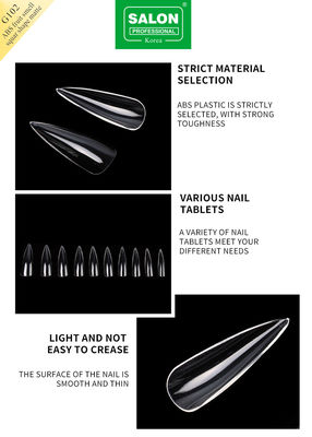 Professional ABS Sharp Shape Fake Nails Full Clear Acrylic Fake Nail Tips 12 Ukuran Untuk DIY Rumah